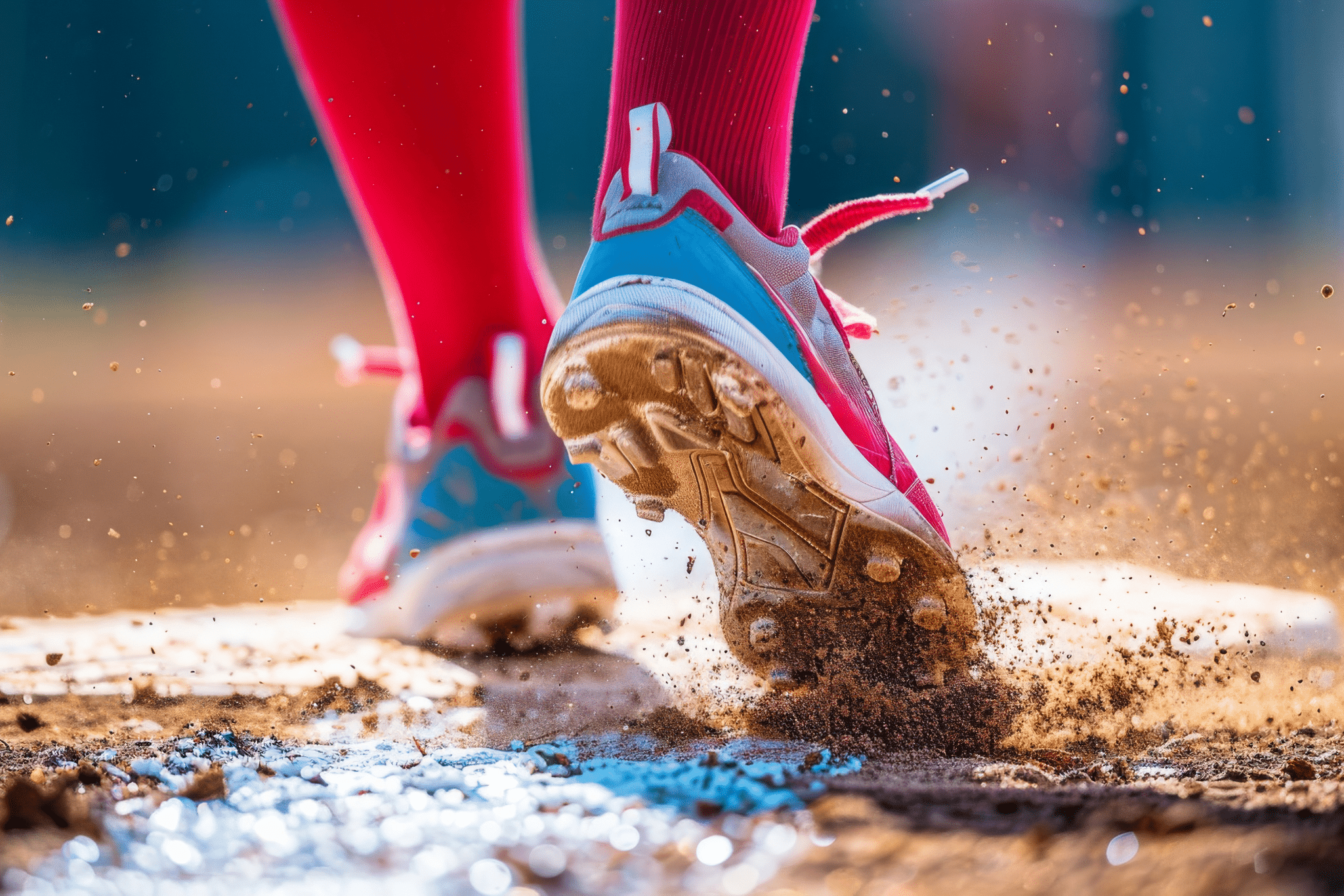 closeup picture of softball girl's feet sliding into 2nd base.