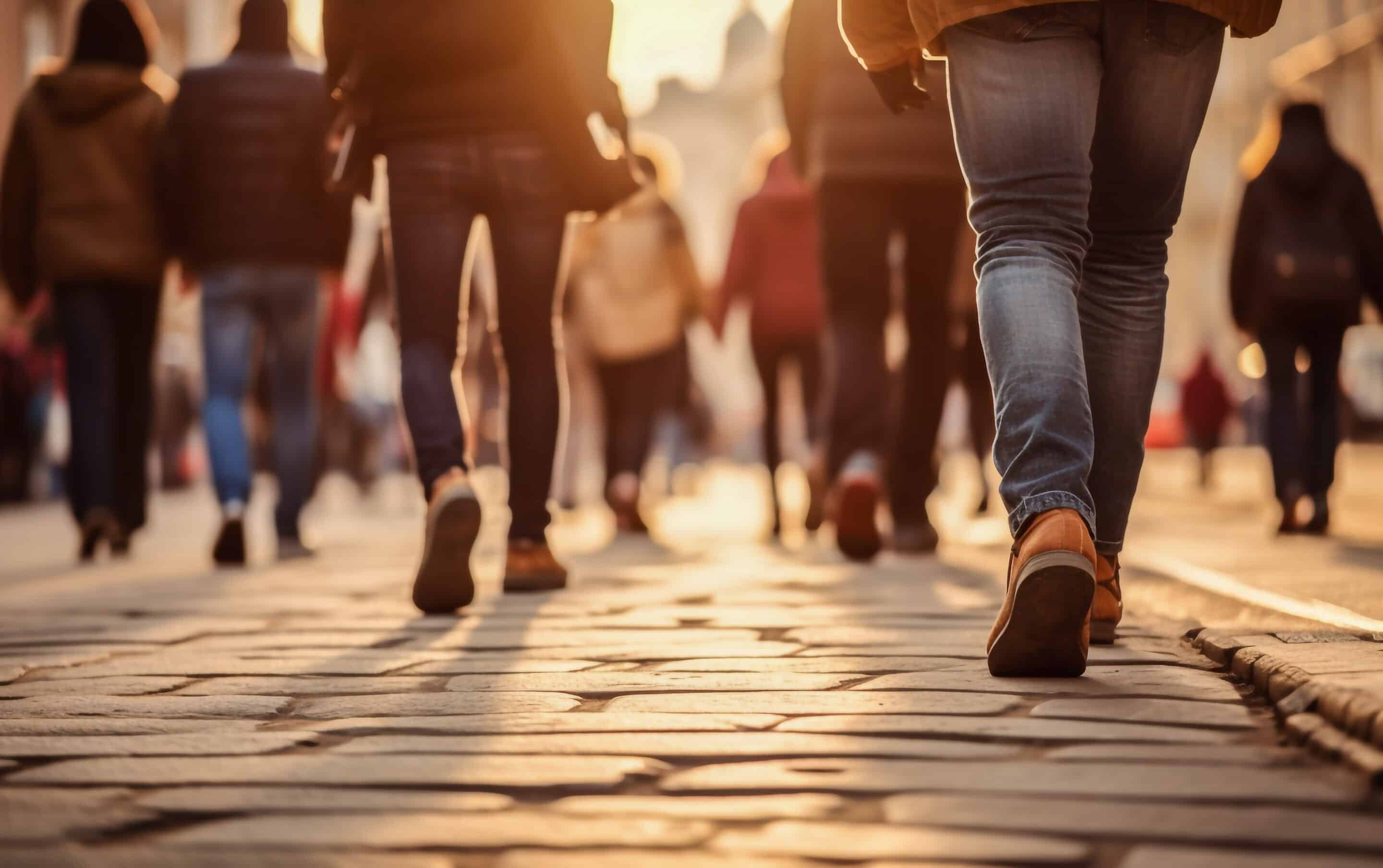 Crowd of people walking down the street, no faces, close up on legs Crowd of people walking down the street, no faces, close up on legs